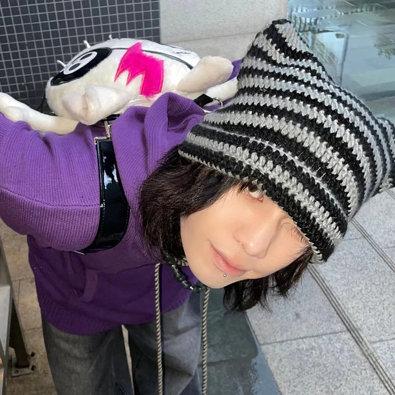 90s Grunge Cat Ears Striped Knitted Beanie - Image 11