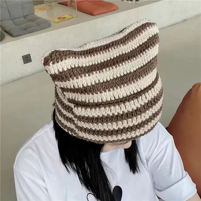90s Grunge Cat Ears Striped Knitted Beanie - Image 16