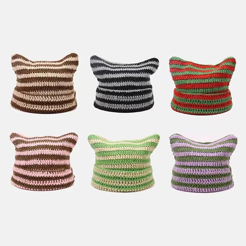 90s Grunge Cat Ears Striped Knitted Beanie - Image 18