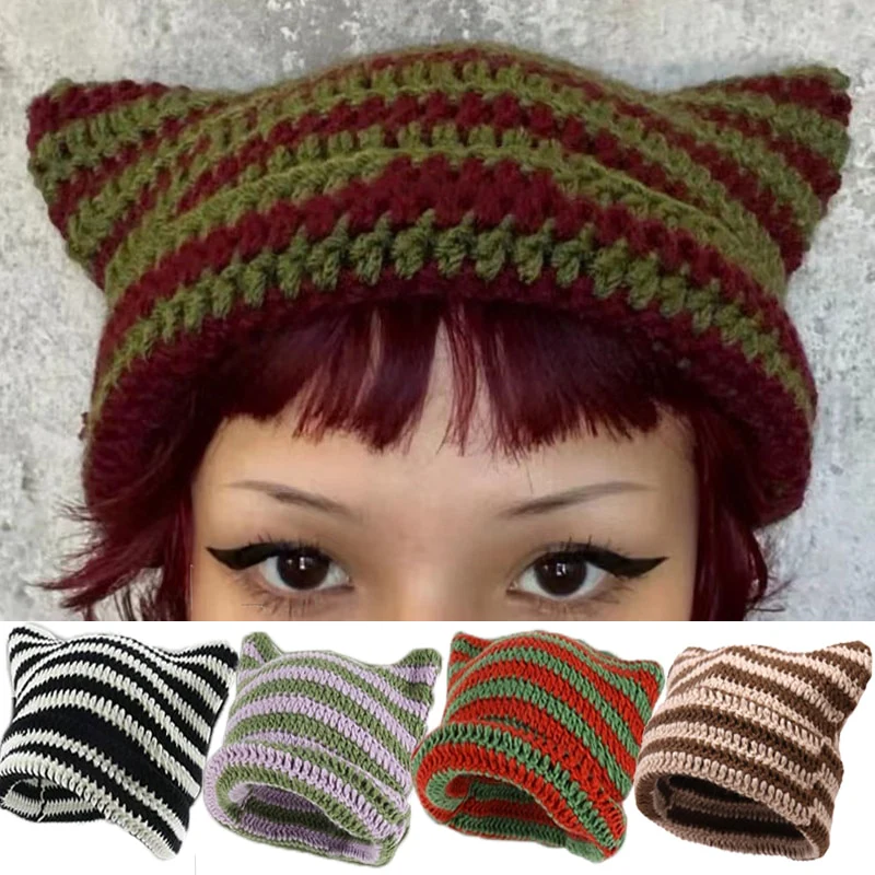 90s Grunge Cat Ears Striped Knitted Beanie - Image 19