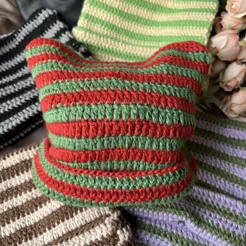 90s Grunge Cat Ears Striped Knitted Beanie - Image 20