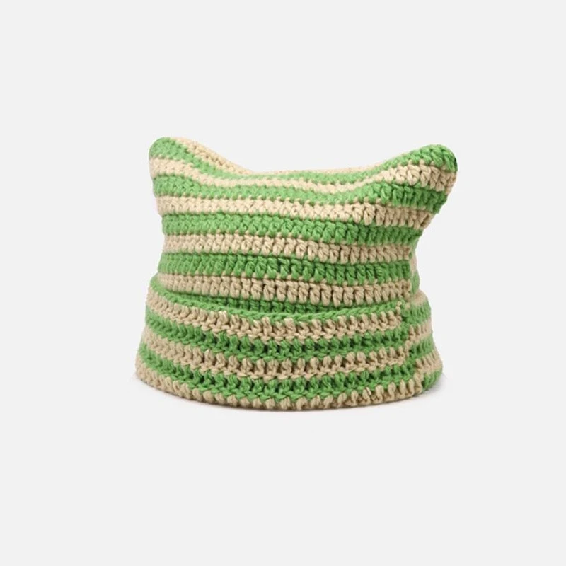 90s Grunge Cat Ears Striped Knitted Beanie - Image 6