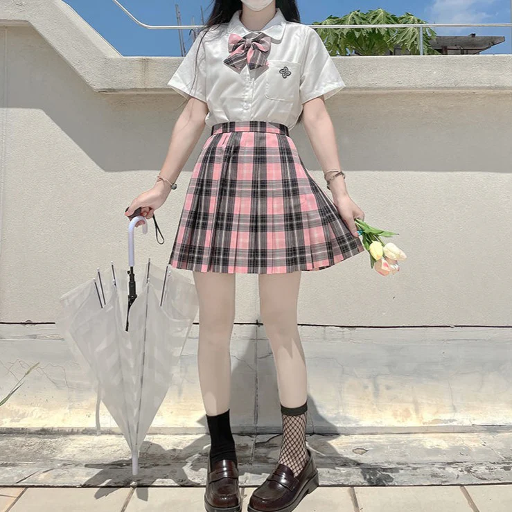 Black Pink Preppy Style Plaid Skirt - Image 3
