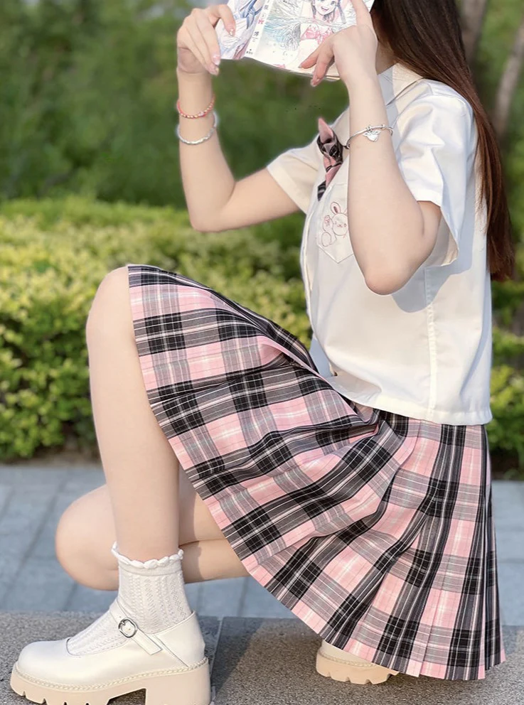 Black Pink Preppy Style Plaid Skirt - Image 4