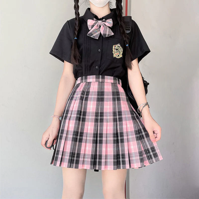 Black Pink Preppy Style Plaid Skirt - Image 8