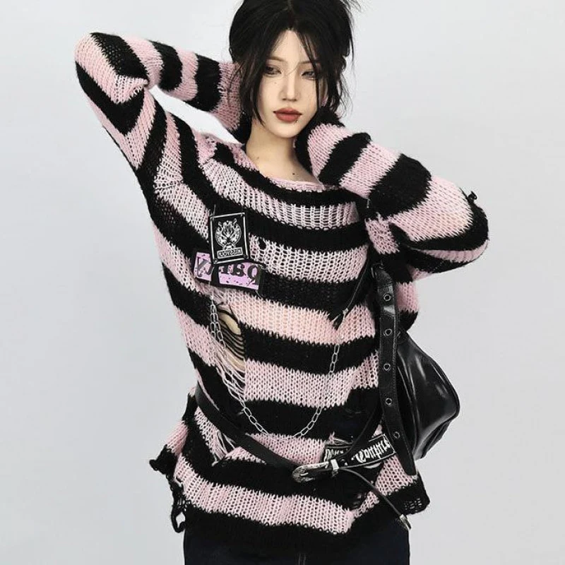 Black Pink Visual Kei Striped Sweater - Image 3