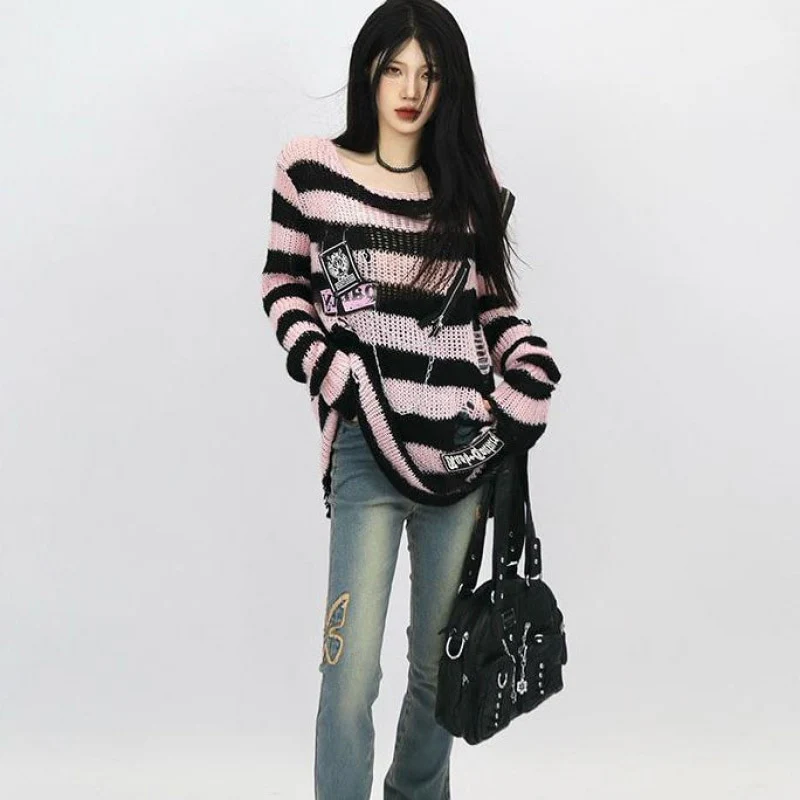 Black Pink Visual Kei Striped Sweater - Image 5