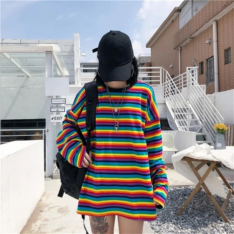 Bright Rainbow Striped Long Sleeves T Shirt - Image 3