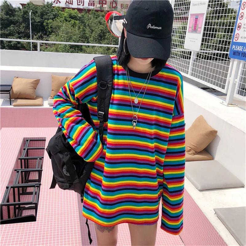 Bright Rainbow Striped Long Sleeves T Shirt - Image 4