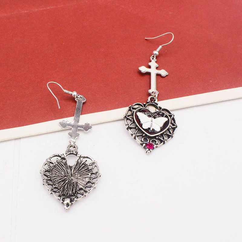 Cross Heart White Butterfly Earrings - Image 2