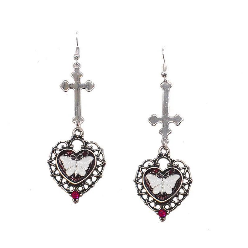 Cross Heart White Butterfly Earrings - Image 3