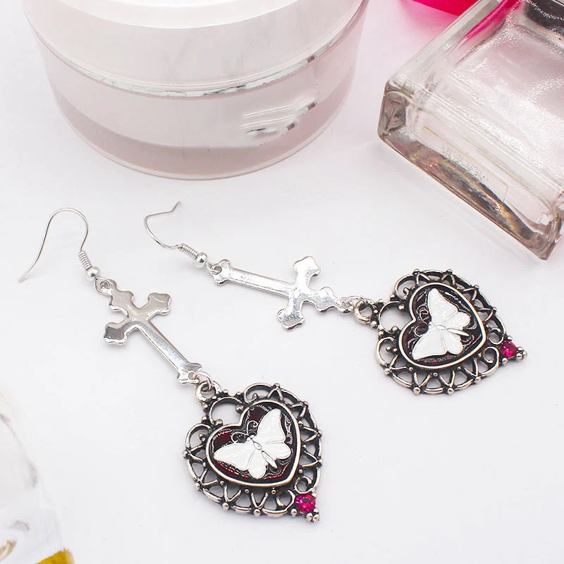 Cross Heart White Butterfly Earrings - Image 6