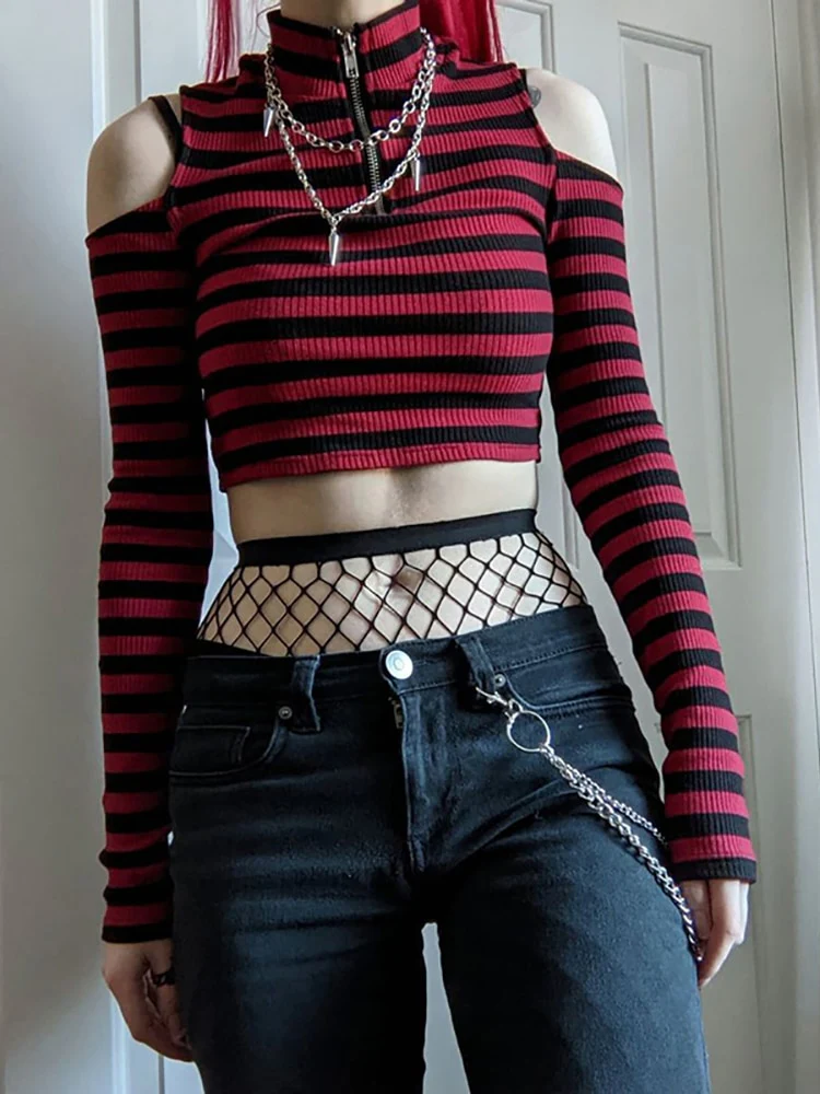 Dark Grunge E-Girl Striped Crop Top - Image 3