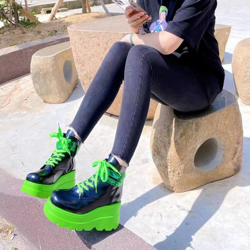 Darkwave Cyber Punk Rave Neon Green Platform Shoes - Image 3