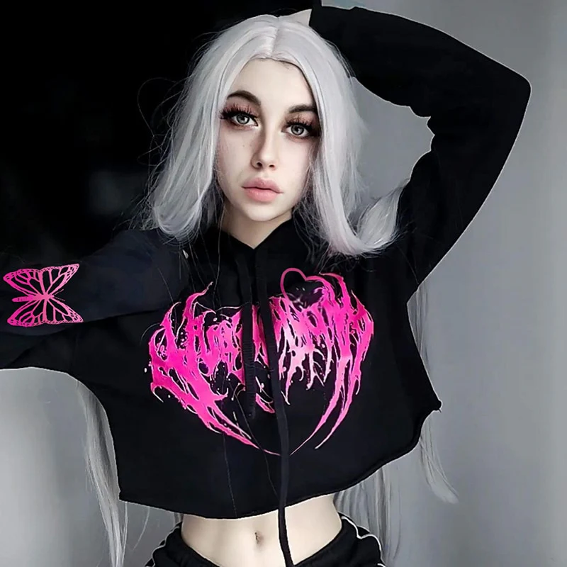 E-Girl Hardcore Print Gothic Crop Hoodie - Image 21