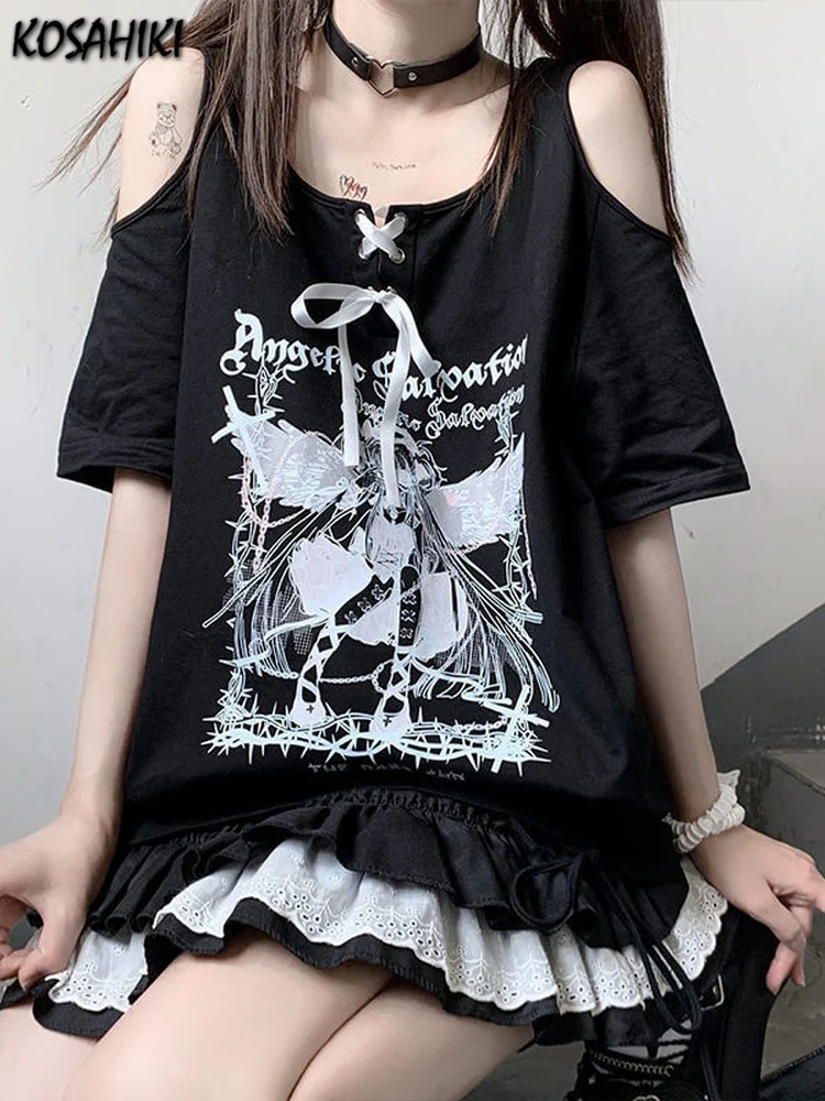 Egirl Dark Grunge Anime Off Shoulder White T-Shirt - Image 3