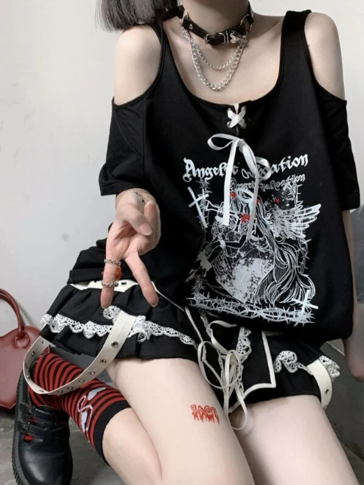 Egirl Dark Grunge Anime Off Shoulder White T-Shirt - Image 4