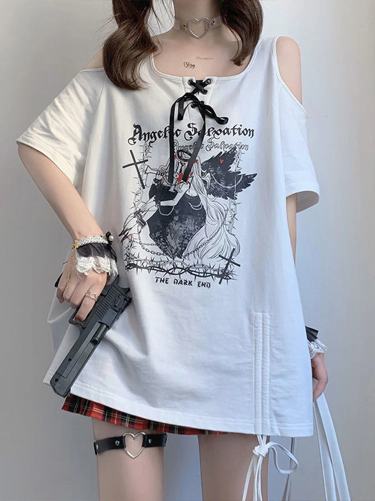 Egirl Dark Grunge Anime Off Shoulder White T-Shirt - Image 6