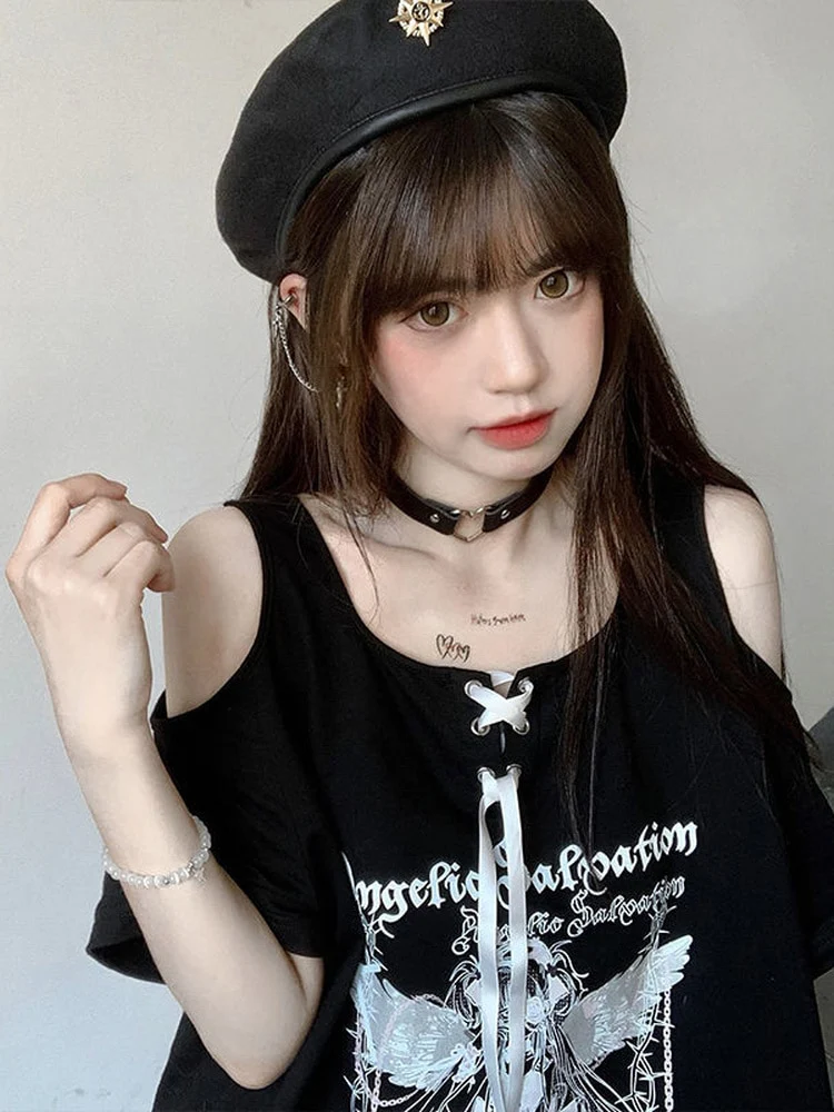 Egirl Dark Grunge Anime Off Shoulder White T-Shirt - Image 7