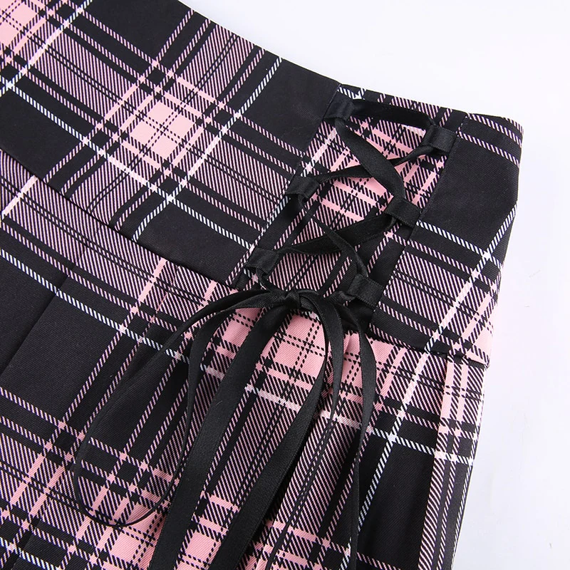 Dollette Goth Pink Plaid Pleated Skirt Lace Trim - Image 4