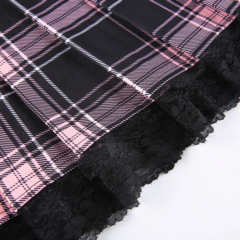 Dollette Goth Pink Plaid Pleated Skirt Lace Trim - Image 6