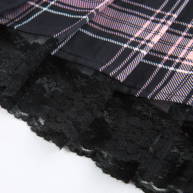 Dollette Goth Pink Plaid Pleated Skirt Lace Trim - Image 7