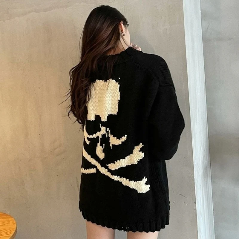 Gothic Skull Print Black Knitted Sweater - Image 3