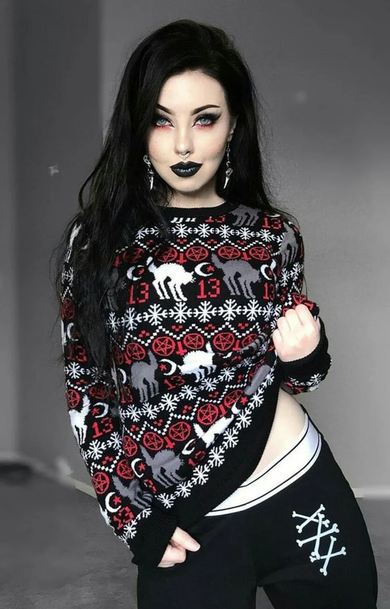 Holiday Christmas Sweater Gothic Cat - Image 7