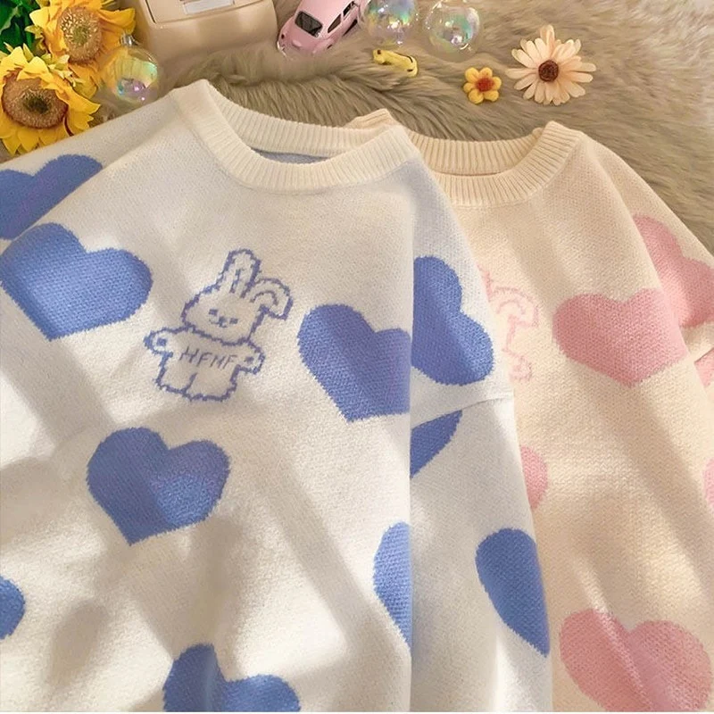 Kawaii Aesthetic Blue Bunny Hearts Sweater - Image 3