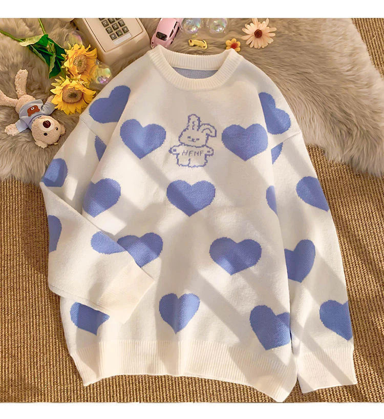 Kawaii Aesthetic Blue Bunny Hearts Sweater - Image 6
