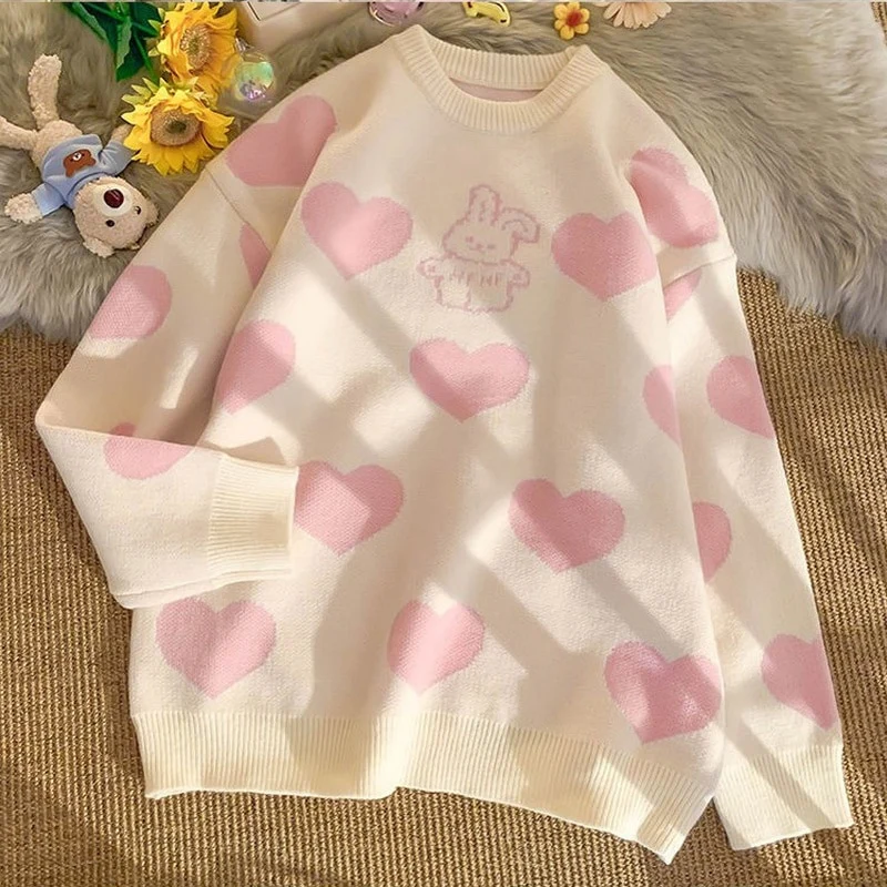 Kawaii Aesthetic Pink Bunny Hearts Sweater