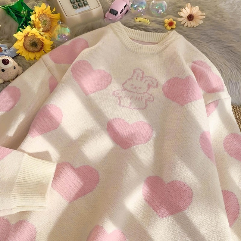 Kawaii Aesthetic Pink Bunny Hearts Sweater - Image 2