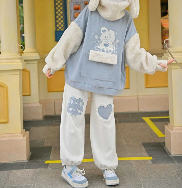 Kawaii Blue Joggers Sweatpants Bunny Heart - Image 9