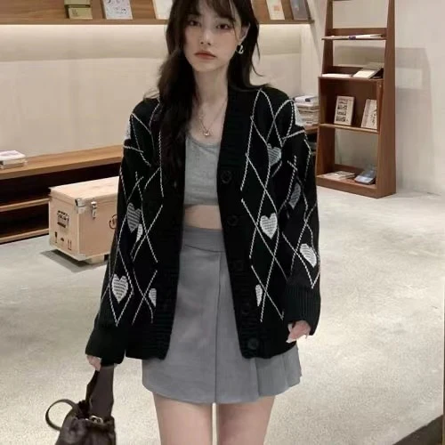 Knitted Cardigan Argyle Heart Sweater - Image 14