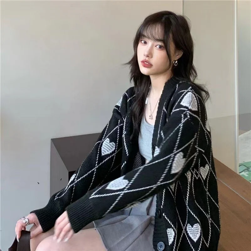 Knitted Cardigan Argyle Heart Sweater - Image 18