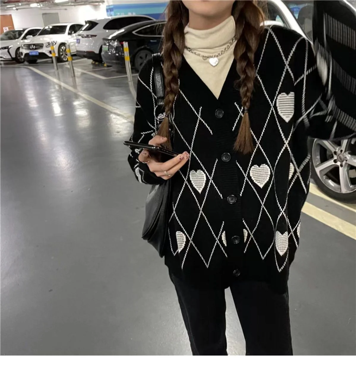 Knitted Cardigan Argyle Heart Sweater - Image 22