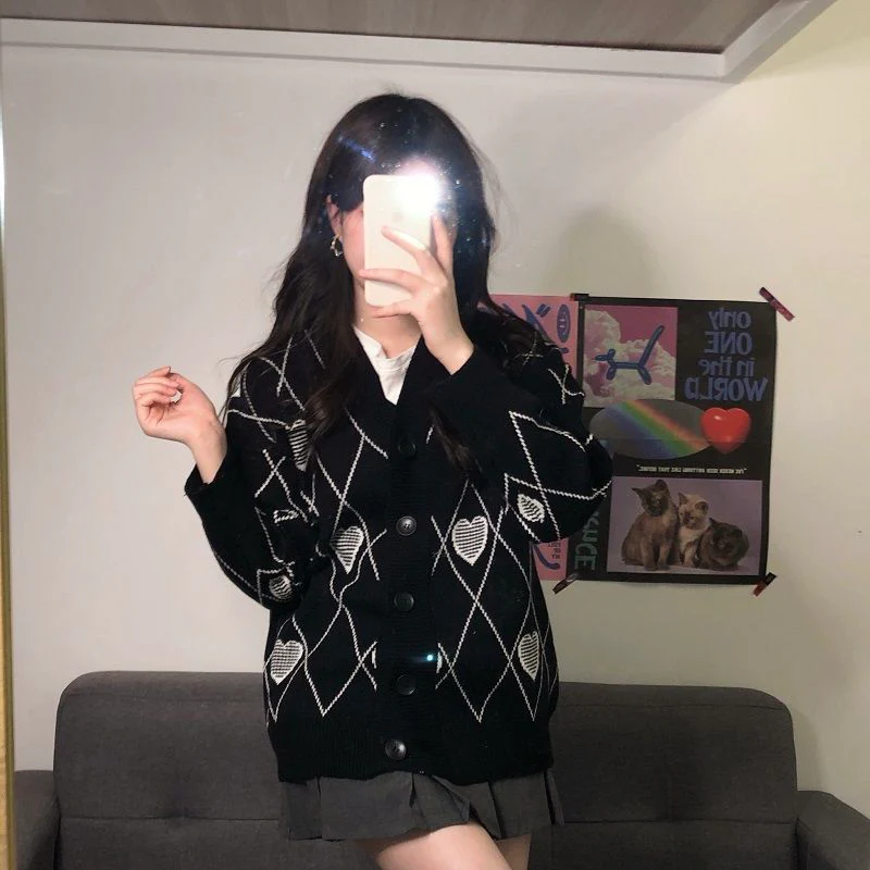 Knitted Cardigan Argyle Heart Sweater - Image 36