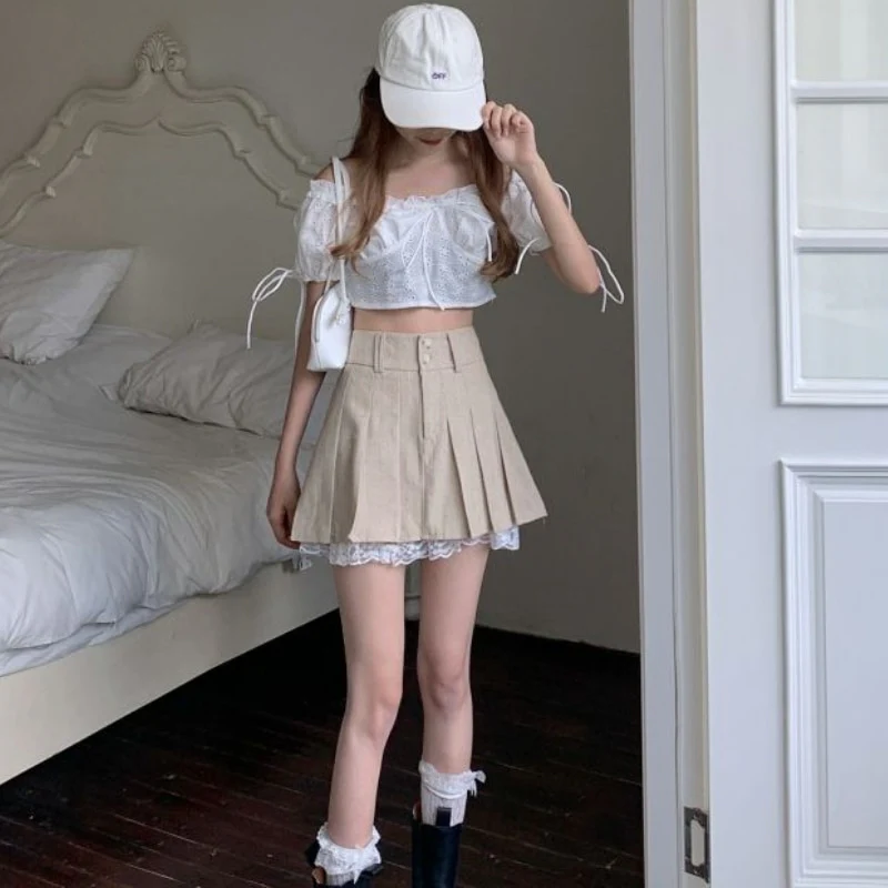 Korean Pleated Skirt Beige Lace Trim - Image 5