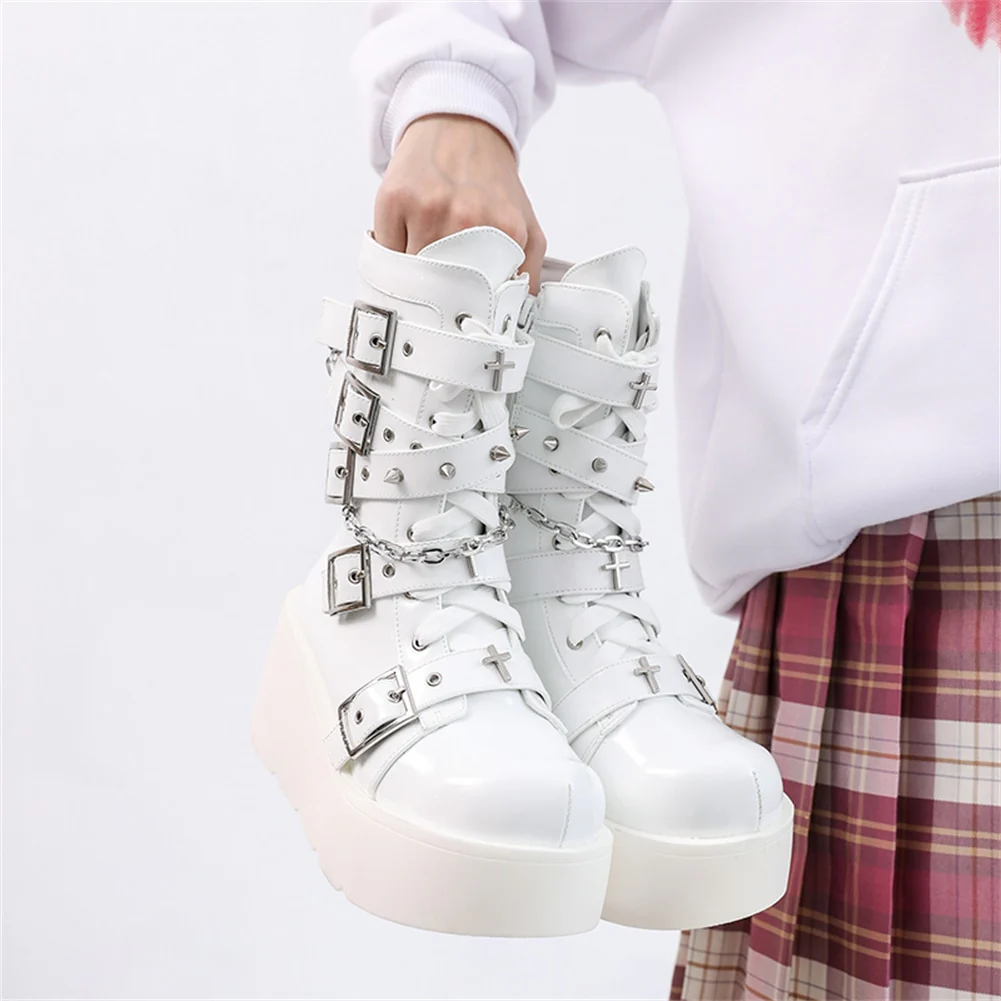 Pastel Goth Motorcycle Boots White - Image 3