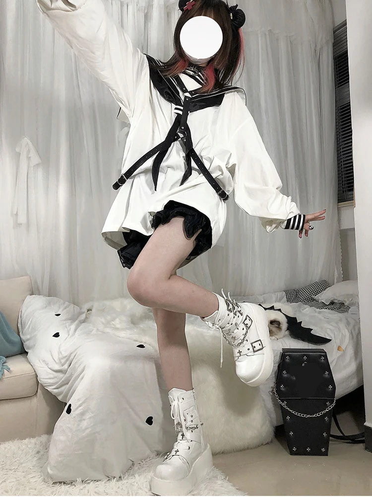 Pastel Goth Motorcycle Boots White - Image 4