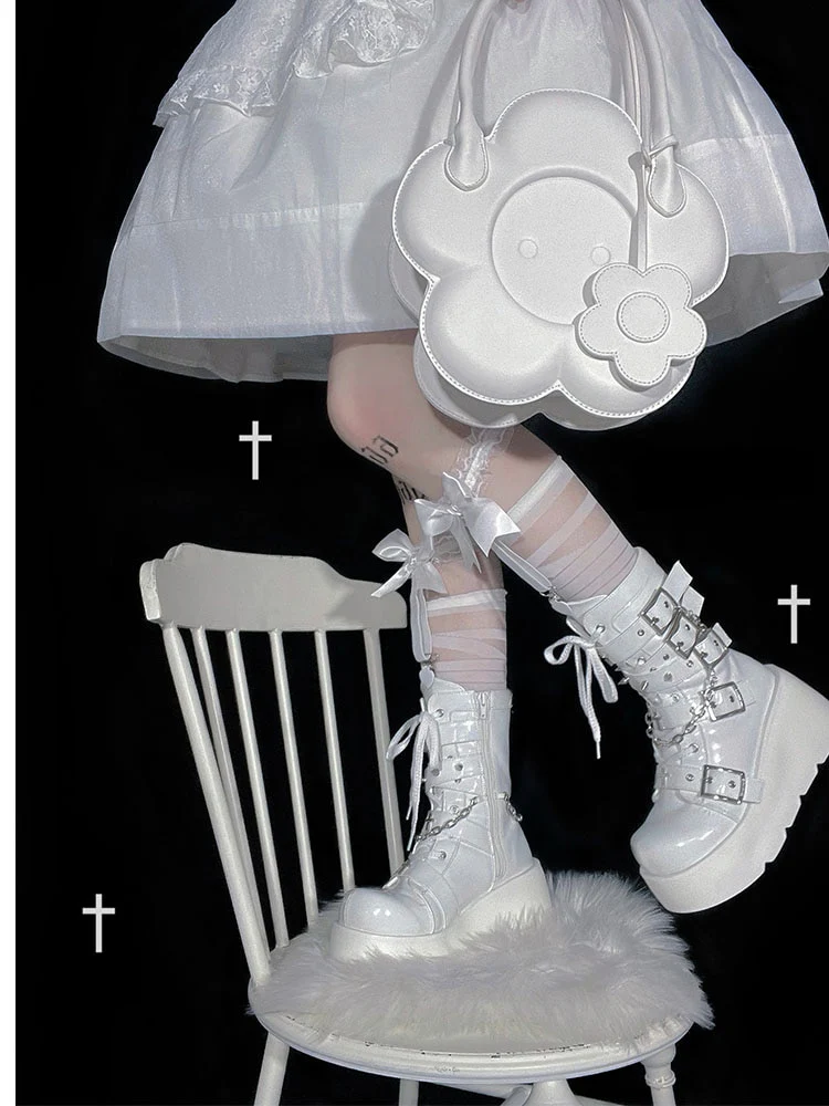 Pastel Goth Motorcycle Boots White - Image 5