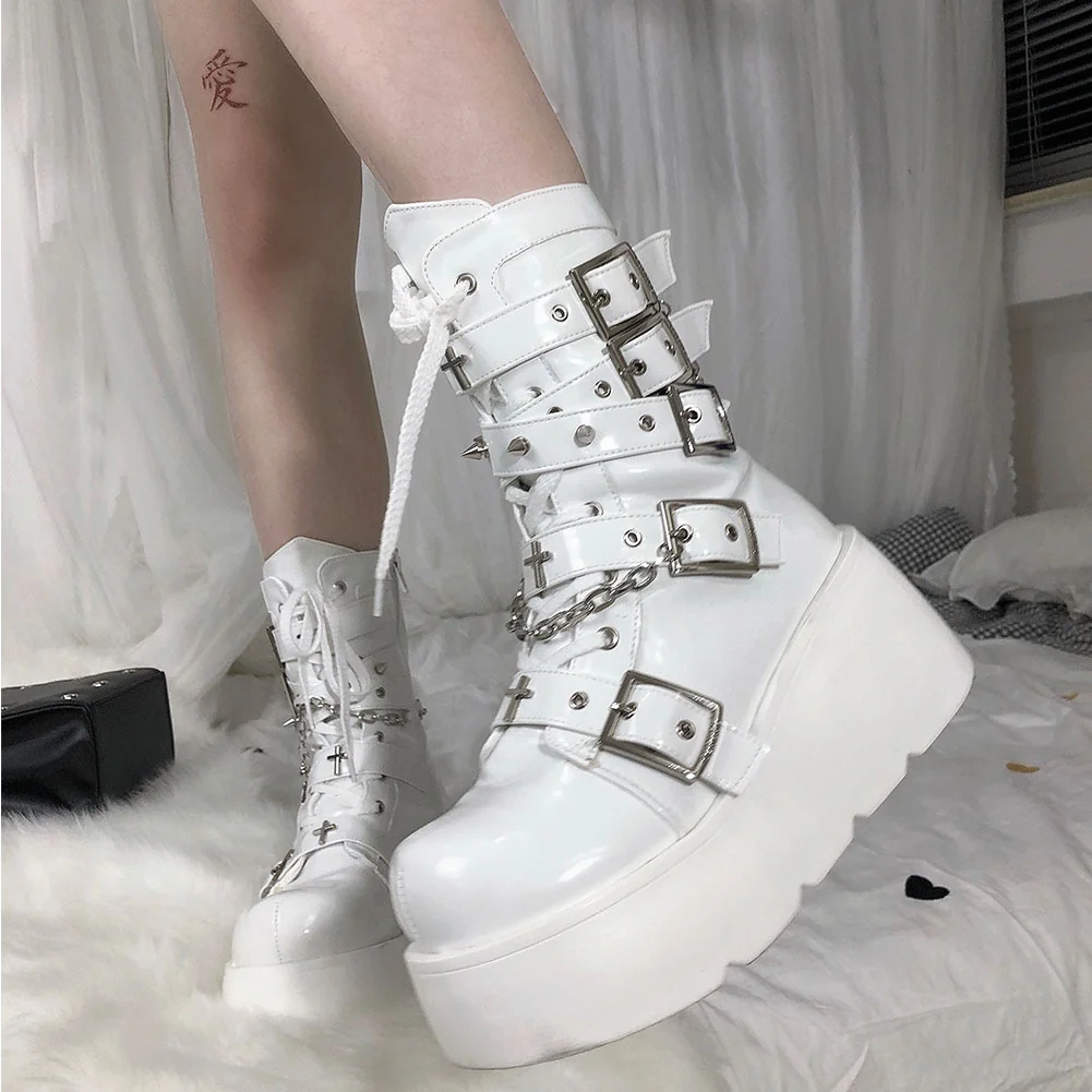 Pastel Goth Motorcycle Boots White - Image 6