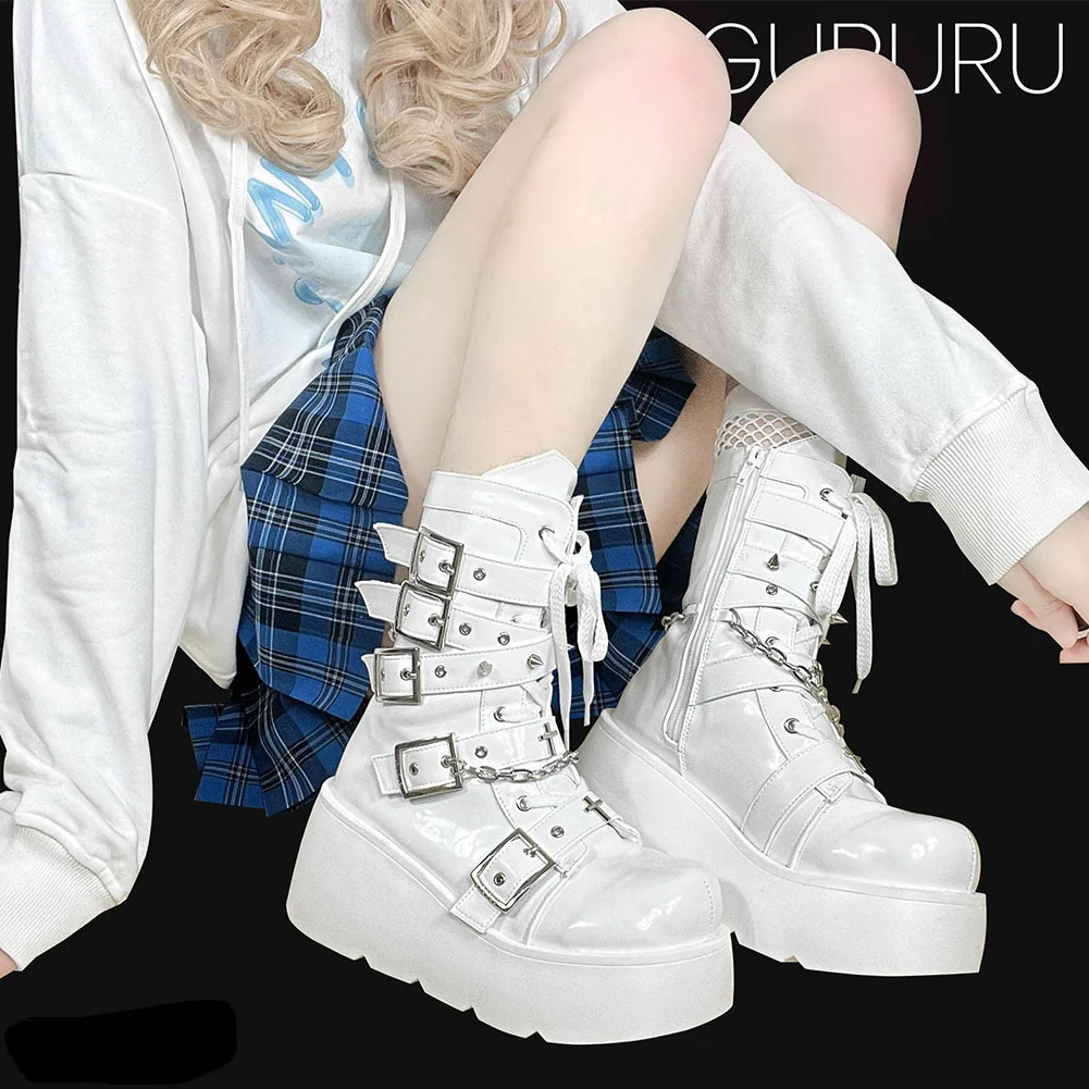 Pastel Goth Motorcycle Boots White - Image 7