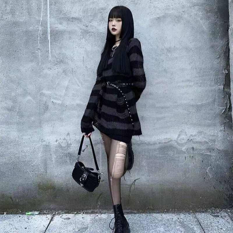 Punk Dark Grunge Egirl Long Striped Sweater Forest Green - Image 2