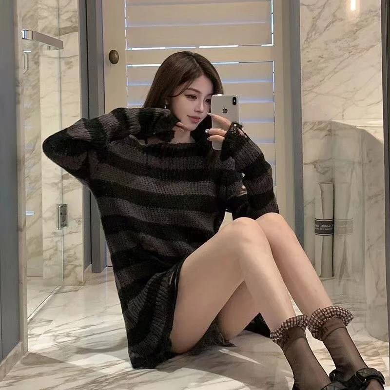 Punk Dark Grunge Egirl Long Striped Sweater Green Gradient - Image 5