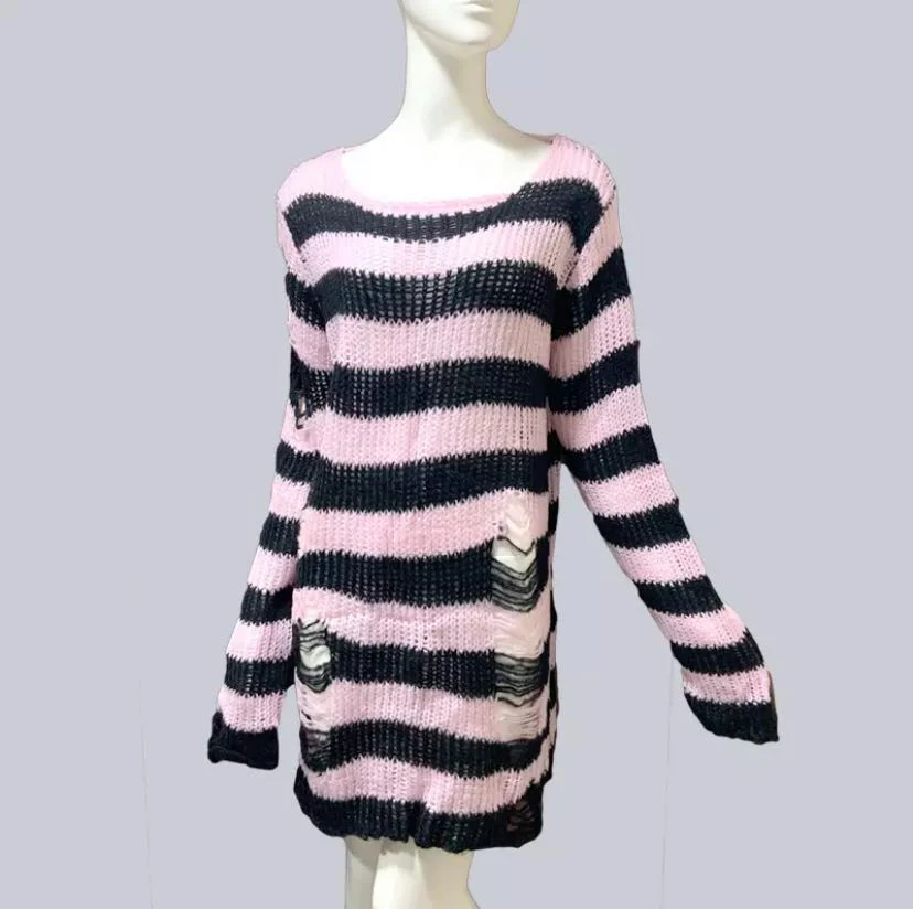 Punk Dark Grunge Egirl Long Striped Sweater Green Gradient - Image 7