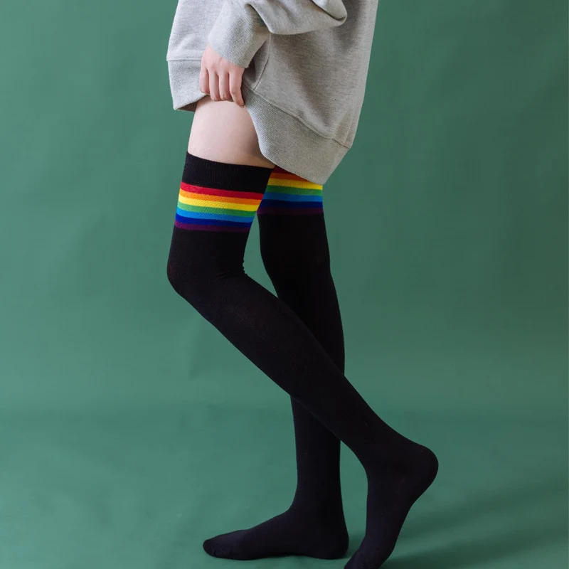 Rainbow Thigh High Tube Socks - Black - Image 3