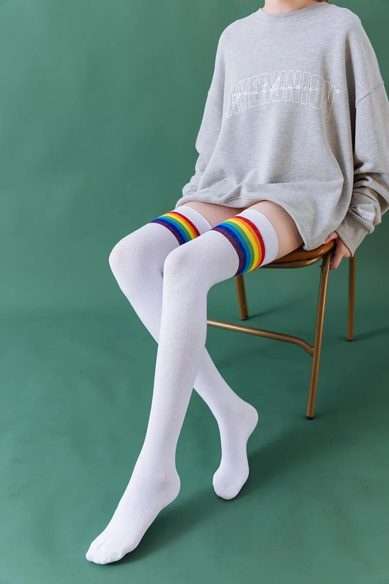 Rainbow Thigh High Tube Socks - White - Image 3
