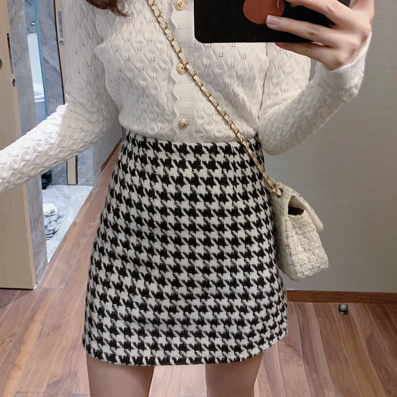 Retro Houndstooth Woolen Skirt - Image 10