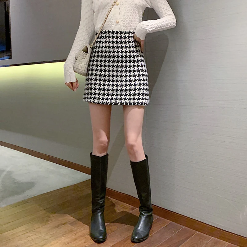 Retro Houndstooth Woolen Skirt - Image 5